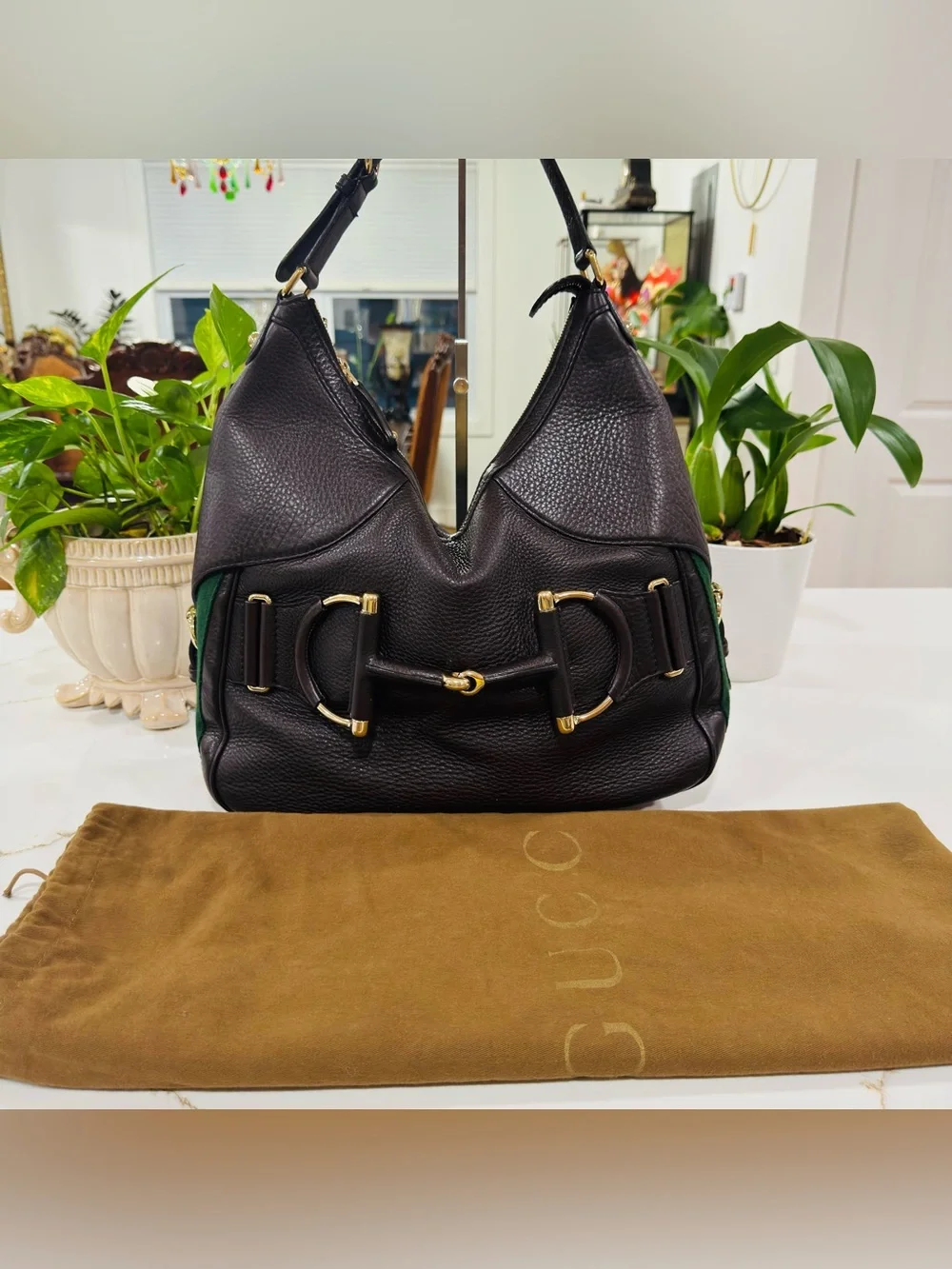 GUCCI Heritage Horsebit Hobo Brown Leather Shoulder Bag with Sherry Line